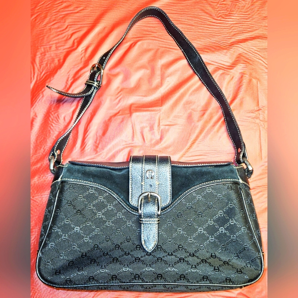 Aigner Monogrammed Canvas & Leather Shoulder Bag w/Signature "A" Logo E.U.C.